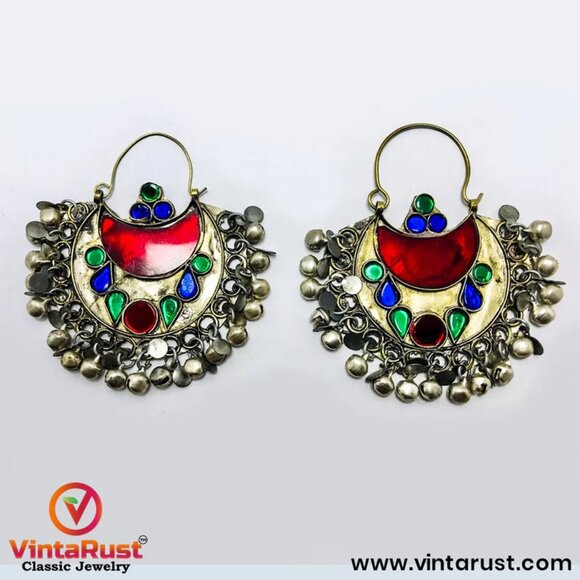 Afghan Tribal Kuchi Multicolor Bali Earrings, Boho Earrings, Kuchi Jewelry - Picture 1 of 12